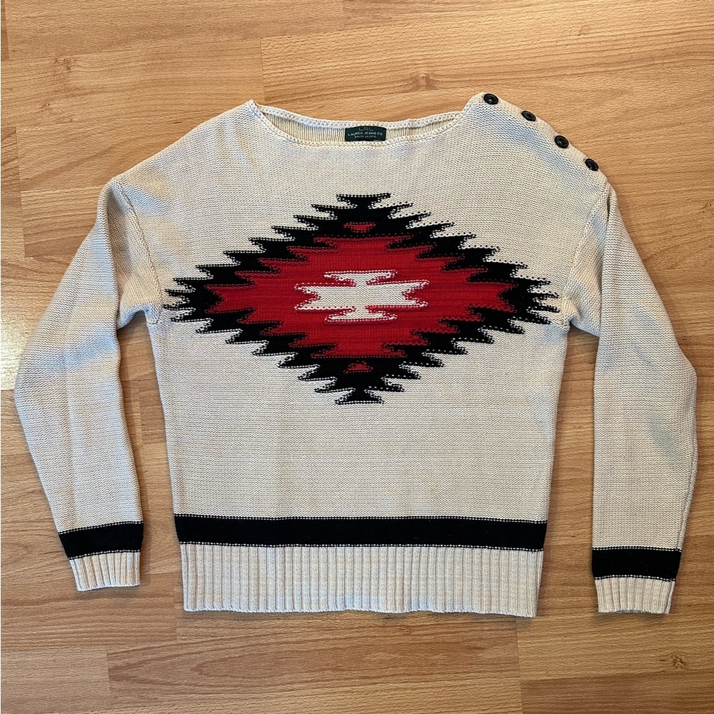 Vintage LAUREN JEANS Co Southwestern Sweater Cream Red Black Aztec Women’s - Picture 1 of 5
